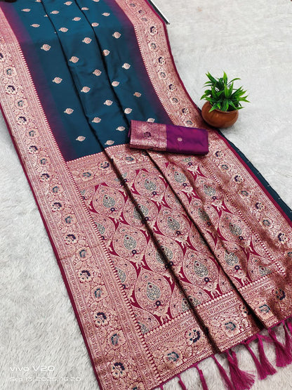 Mameraa Sarees Teal Blue Soft Banarasi Silk Saree With Zari Weaving Meenakari Design-Teal