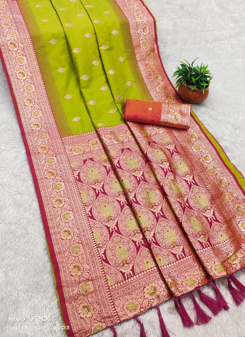 Mameraa Sarees Parrot Green Soft Banarasi Silk Saree With Zari Weaving Meenakari Design-Parrot_Green