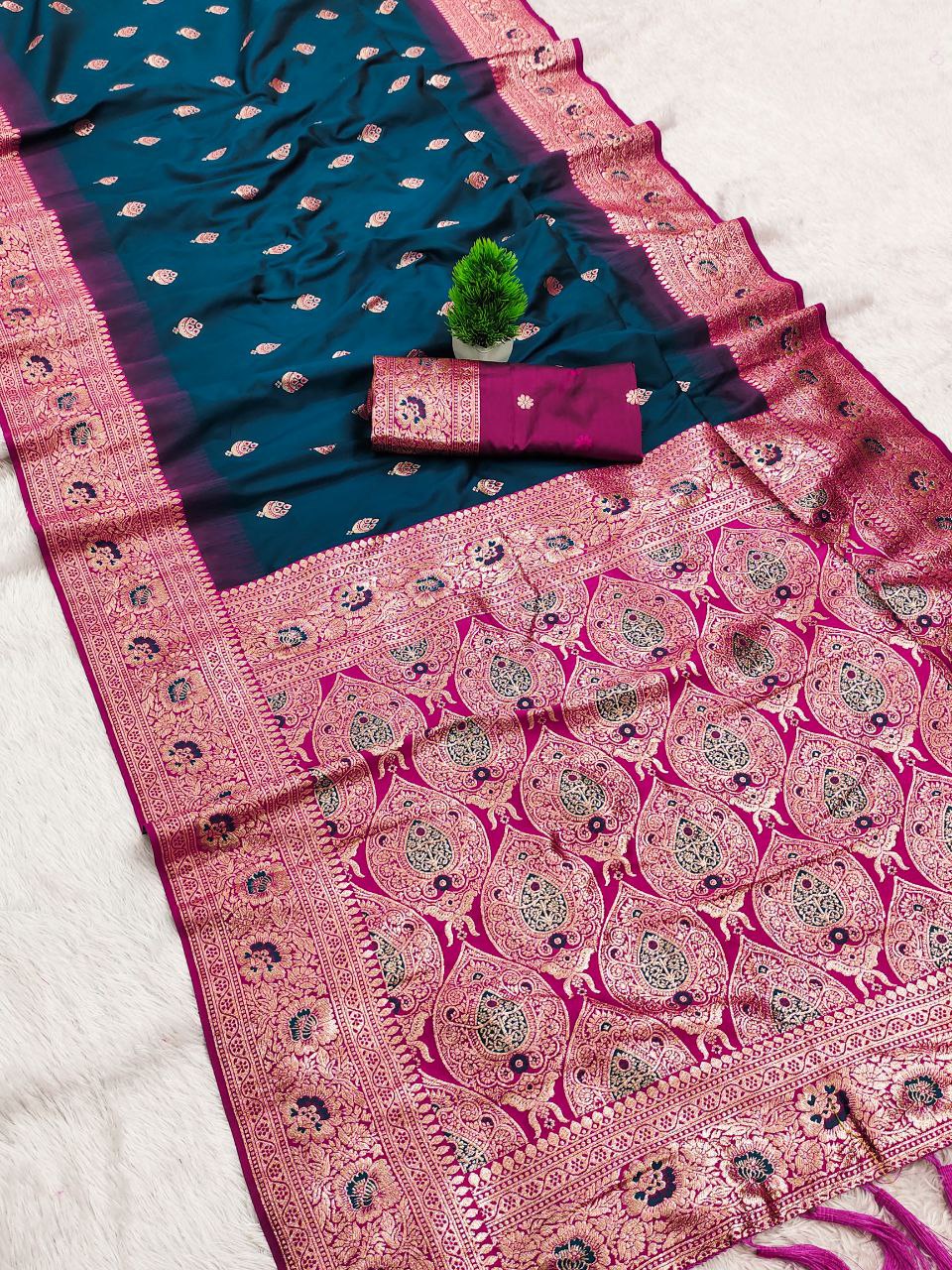Mameraa Sarees Teal Blue Soft Banarasi Silk Saree With Zari Weaving Meenakari Design-Teal
