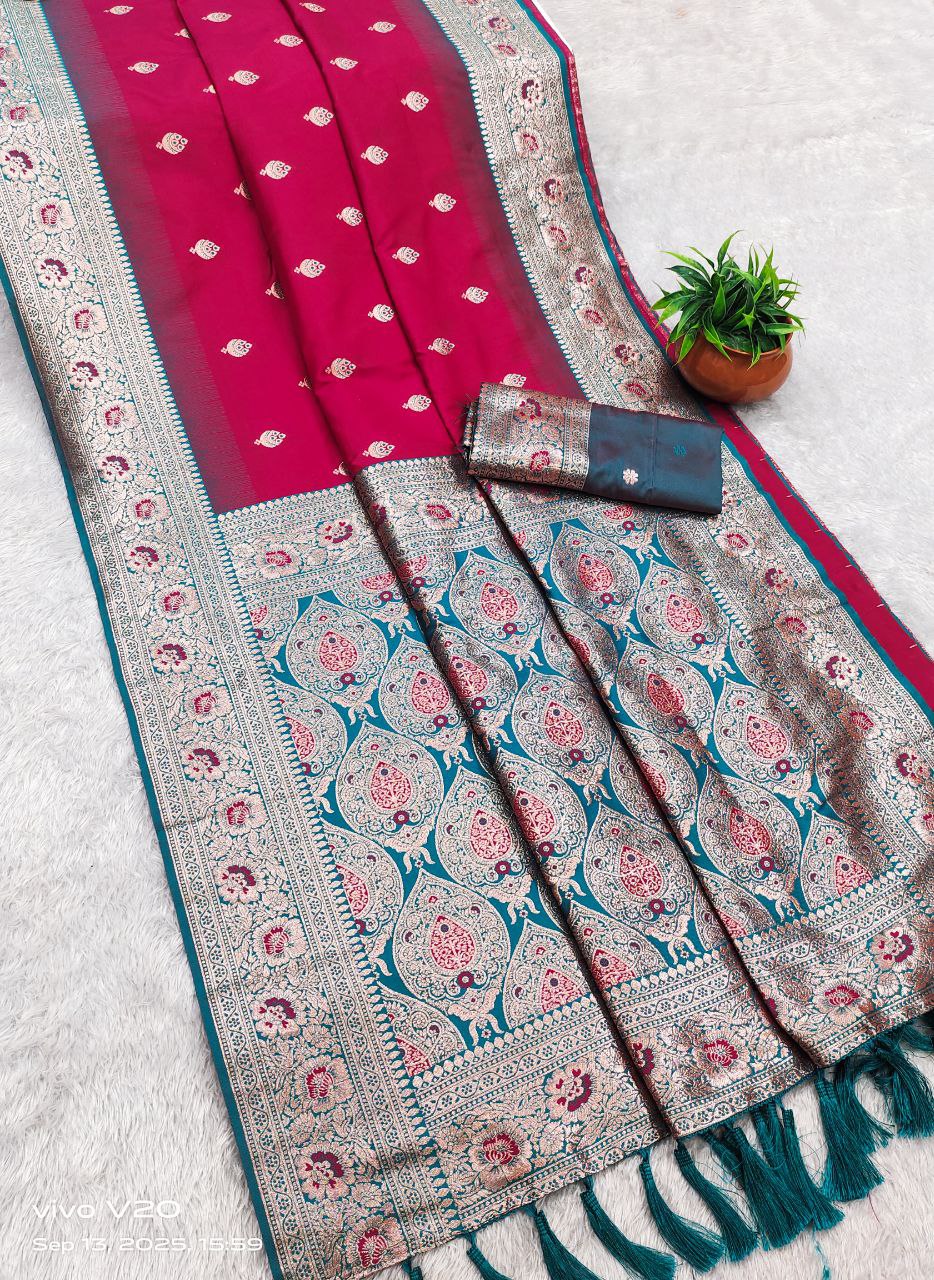 Mameraa Sarees Pink Soft Banarasi Silk Saree With Zari Weaving Meenakari Design-Pink