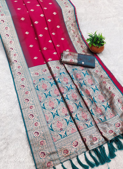 Mameraa Sarees Pink Soft Banarasi Silk Saree With Zari Weaving Meenakari Design-Pink