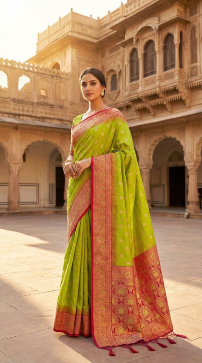 Mameraa Sarees Parrot Green Soft Banarasi Silk Saree With Zari Weaving Meenakari Design-Parrot_Green