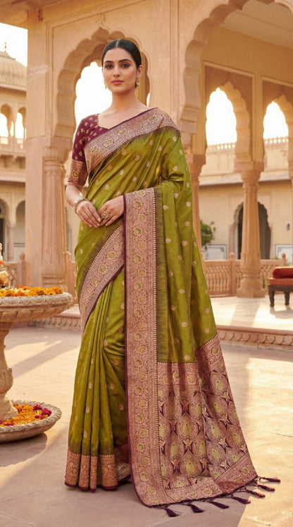 Mameraa Sarees Mehndi Soft Banarasi Silk Saree With Zari Weaving Meenakari Design-Mehendi