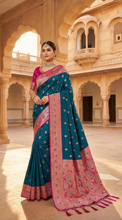 Mameraa Sarees Teal Blue Soft Banarasi Silk Saree With Zari Weaving Meenakari Design-Teal