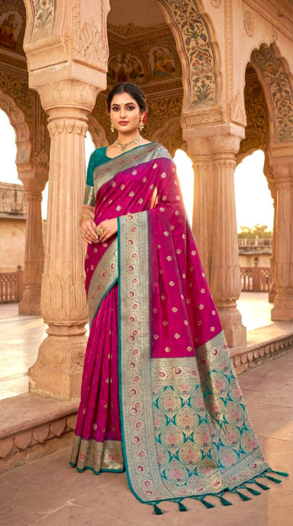 Mameraa Sarees Pink Soft Banarasi Silk Saree With Zari Weaving Meenakari Design-Pink