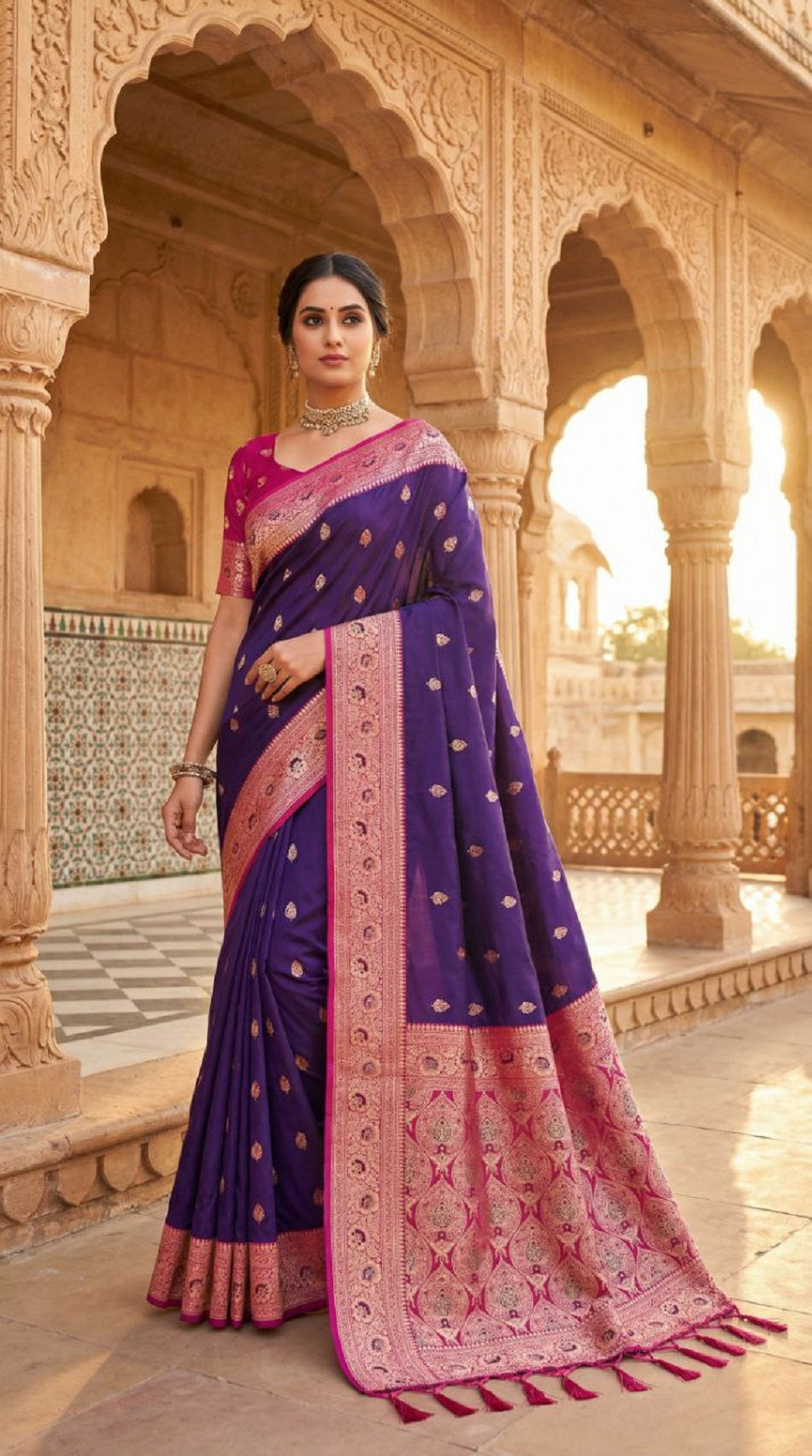 Mameraa Sarees Violet Soft Banarasi Silk Saree With Zari Weaving Meenakari Design-Violet