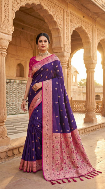 Mameraa Sarees Violet Soft Banarasi Silk Saree With Zari Weaving Meenakari Design-Violet