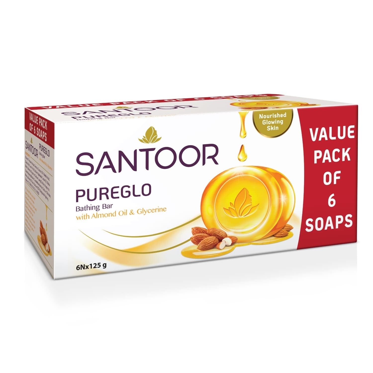 Santoor PureGlo Glycerine Soap with Almond Oil and Glycerine - 125 gms (Pack of 6)