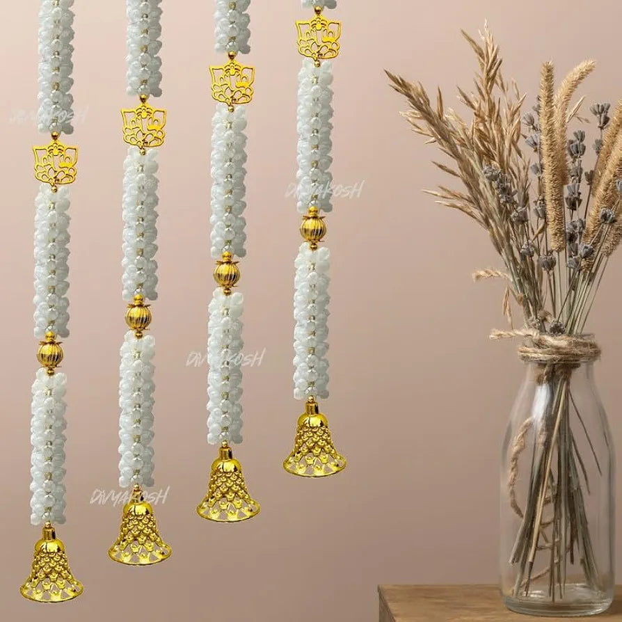 Fabric White Mogra Flower Ganeshji and Bells Wall Hanging Pack of 4 Strings Artificial Flower Latkan 3.5 Feet
