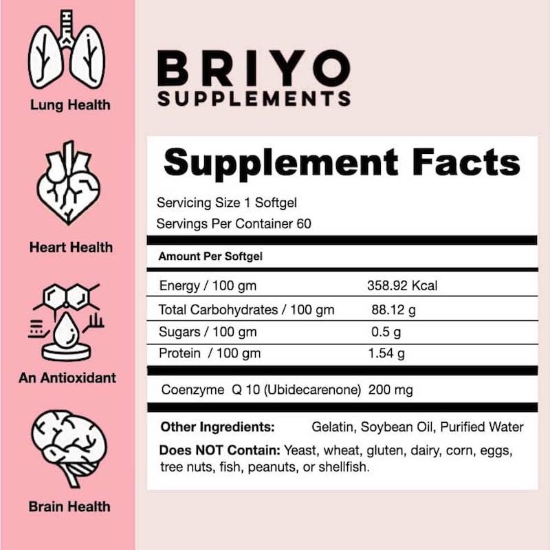 Briyo CoQ10 200 mg Ubiquinone â€“ High Absorption Coenzyme Q10 Supplement for Heart Health, Energy & Antioxidant Support â€“ Naturally Fermented, Gluten-Free â€“ 60 Capsules