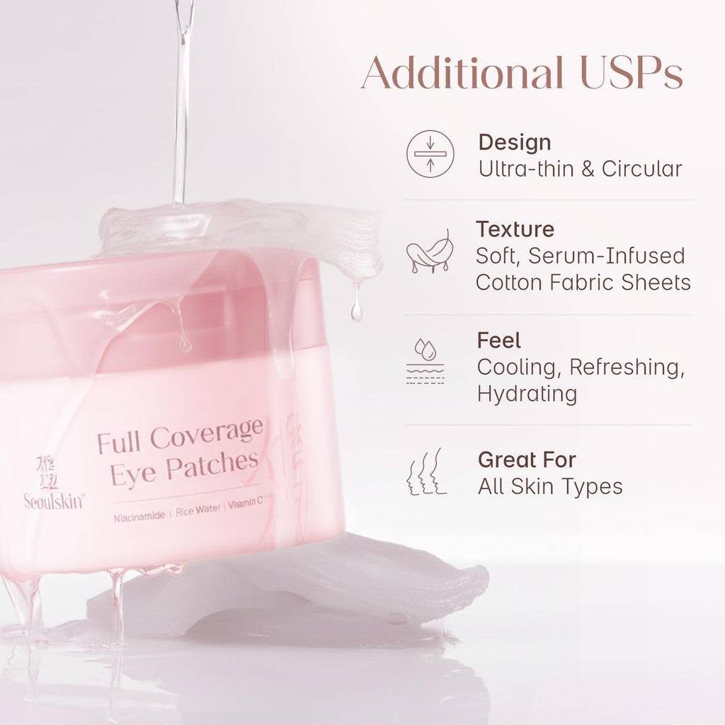 Seoulskin Full Coverage Eye Patches for Dark Circles | Dark Circle Removal Eye Patches | Treats Fine Lines & Wrinkles | 360Â° Coverage for Hydration, Firming & Elasticity | For Puffy & Tired Eyes | With Niacinamide, Rice Water & Vitamin C | 40N