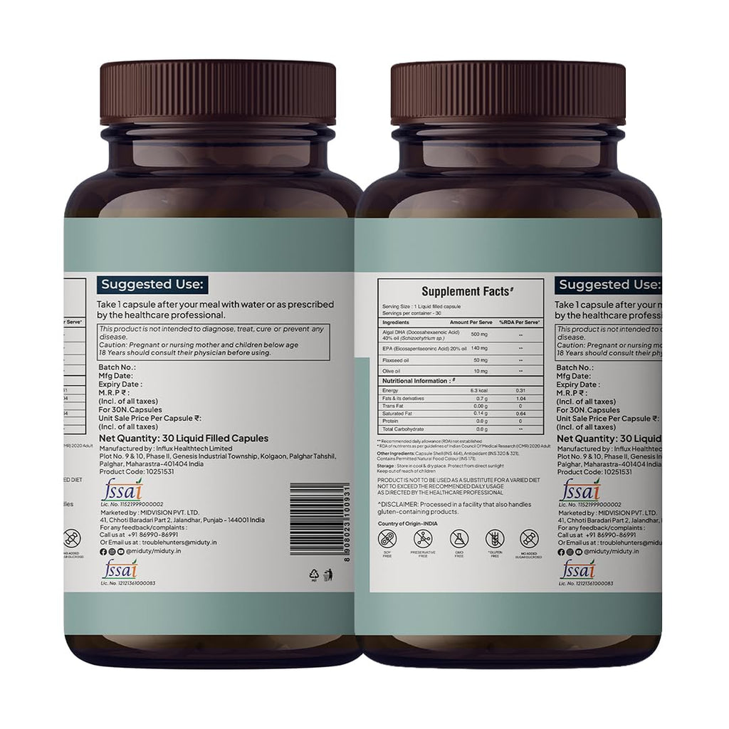 Miduty Veg Omega-3 500mg | 40% Algal DHA + EPA | High-Potency Plant-Based Omega-3 | No Fish Oil, No Fishy Burps | Veg Capsules for Men & Women - 30 Capsules