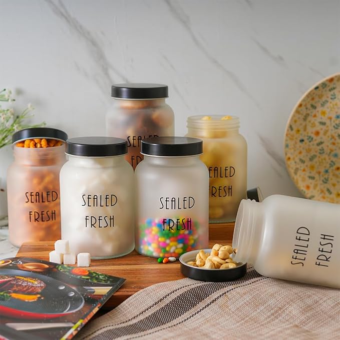 Femora Kitchen Storage Jars Frosted Glass Jar With Steel Lid Air Tight Jar | 1000 Ml | Pack of 2 | Black Lid