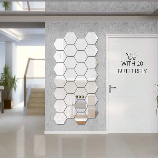 Bikri Kendra 28 Hexagon Silver with 20 Butterfly Stickers for Wall Mirror Stickers 3D Acrylic Stickers