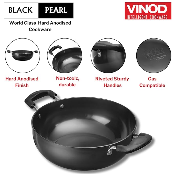 Vinod Black Pearl Hard Anodised Non Stick Deep Kadhai - 2.1 LTR, 20 cm | 3.25mm Thickness | kadai for Cooking