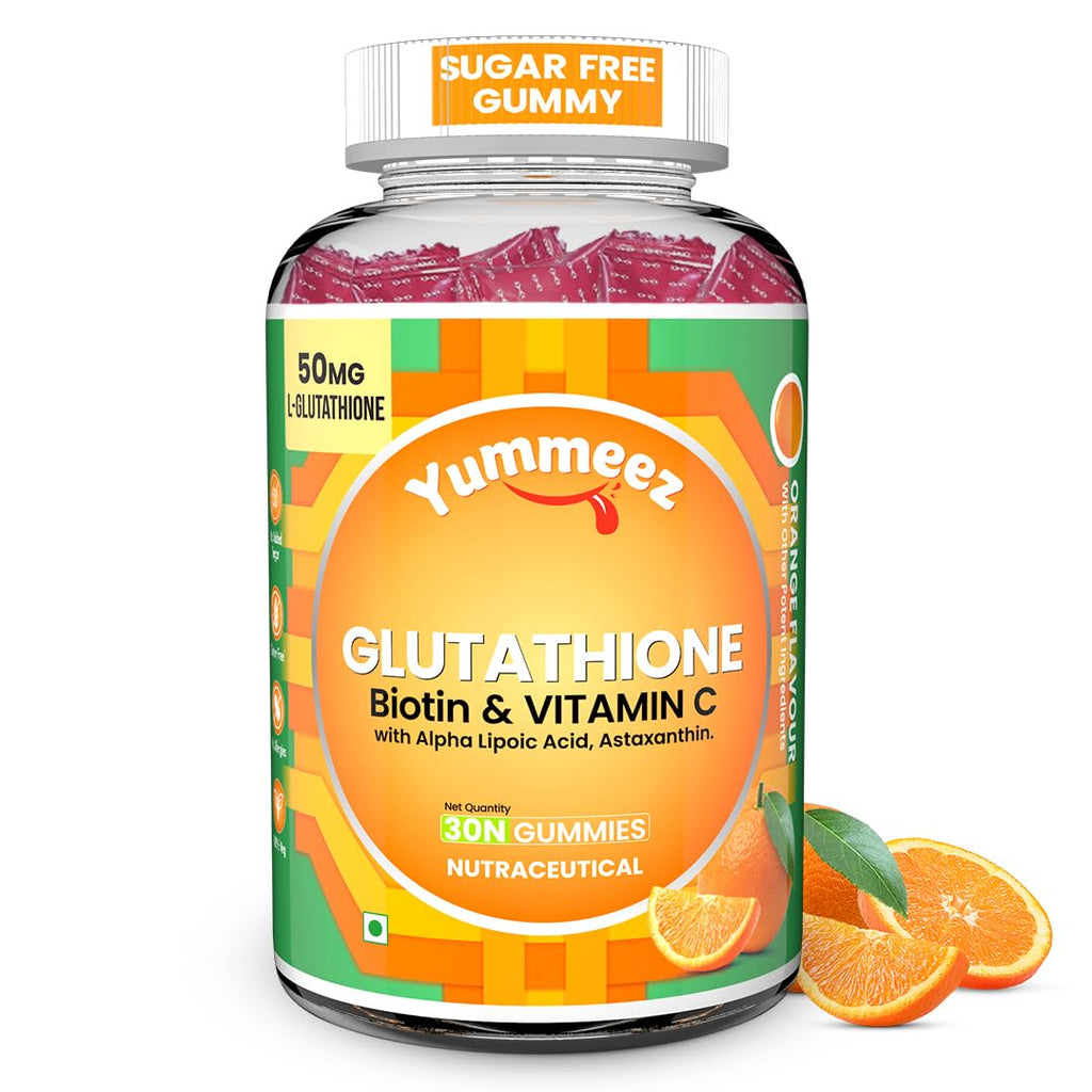 NATURYZ L-Glutathione with Biotin 2-in-1 Gummies | Vitamin C, Vitamin E & Astaxanthin | Skin Glow, Brightening, Depigmentation, Hair Growth for Men & Women | No added sugar- 30 Gummies (Orange)