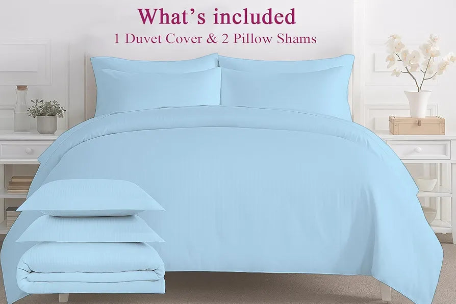 Trance Home Linen Zippered 100% Cotton 200TC Satin Stripe King Size Duvet Cover Quilt Cover Blanket Cover Razai Comforter Cover with 2 Pillow Covers Colour Sky Blue