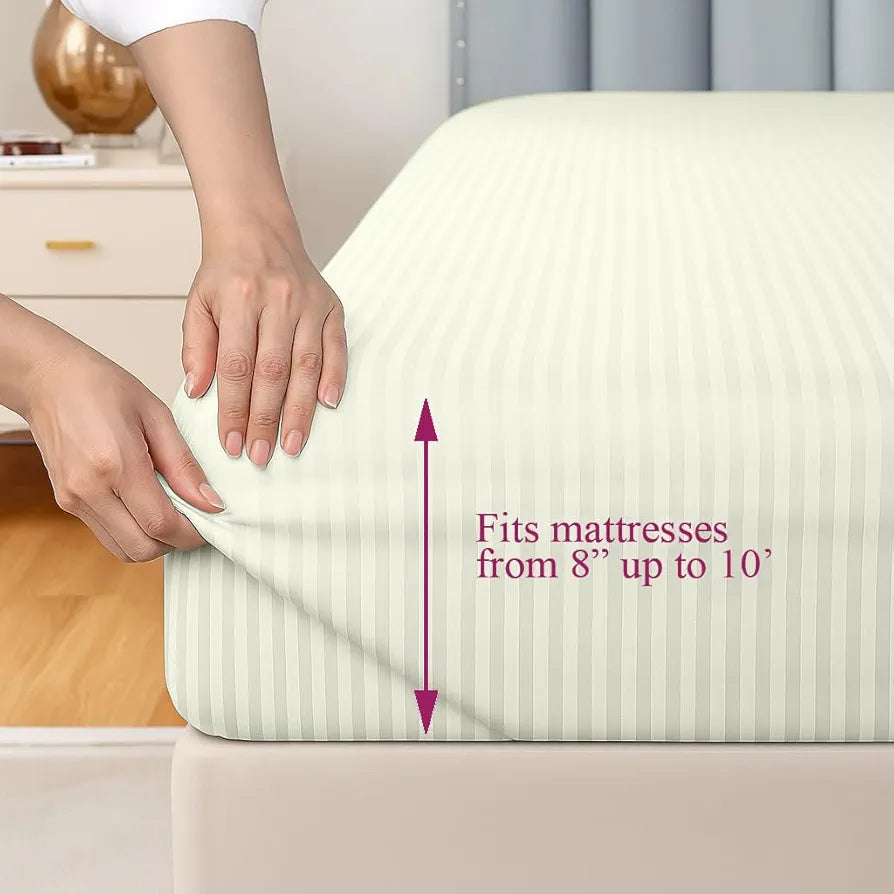 Trance Home Linen 100% Cotton 78x66 inch 200TC Satin Stripe Elastic Fitted Bedsheet Double Bed Fitted Bedspread with 2 Pillow Covers Colour Light Ivory Cream
