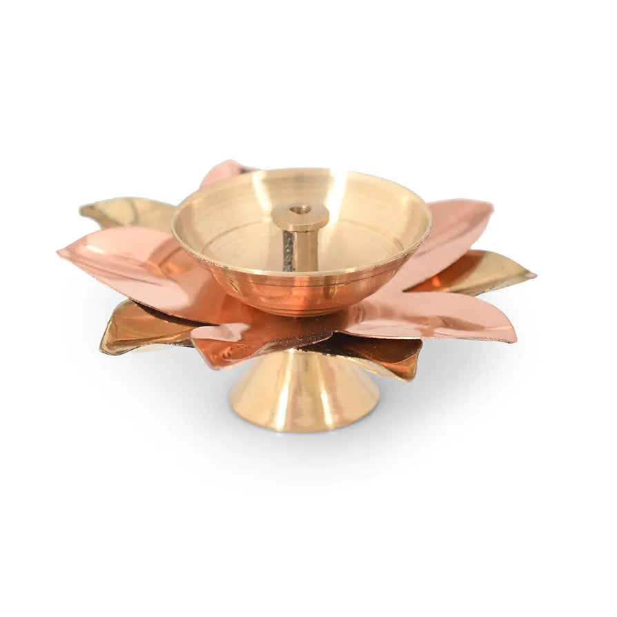 Collectible India Brass Diya Lamp Lotus Shape Decorative Akhand Deepak for Pooja - Set of 2
