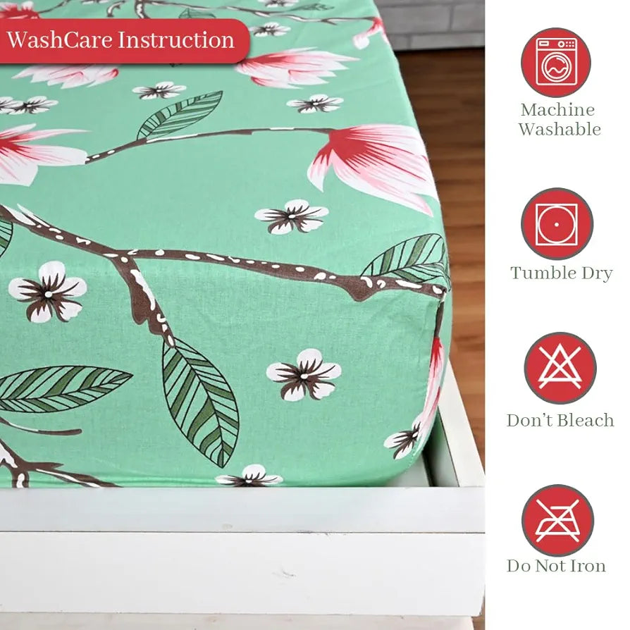 Divine Casa Floret 100% Cotton King Fitted Bedsheet 144 TC Deep Pocket Design Soft & Breathable Fabric Colour Blossom Haven Mint