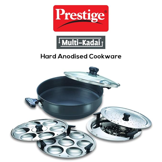 Prestige Hard Anodised Multi Kadhai 28 cm Black Induction Base Multi Idli Stand