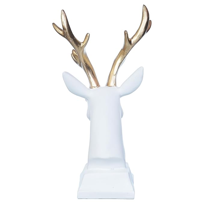 Ecraftindia White Polyresin Reindeer Head Statue With Golden Antlers Animal Showpiece