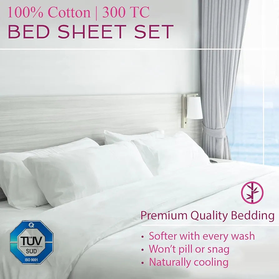 Trance Home Linen Premium 300 TC Pure 100% Cotton Single Size Fitted Bedsheet with 1 Pillow Cover Colour White Plain