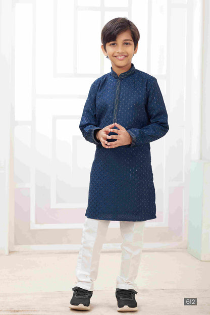 Raivat Ethnic Art Silk Embroidery Work Kids Kurta Pajama In Teal Blue Colour