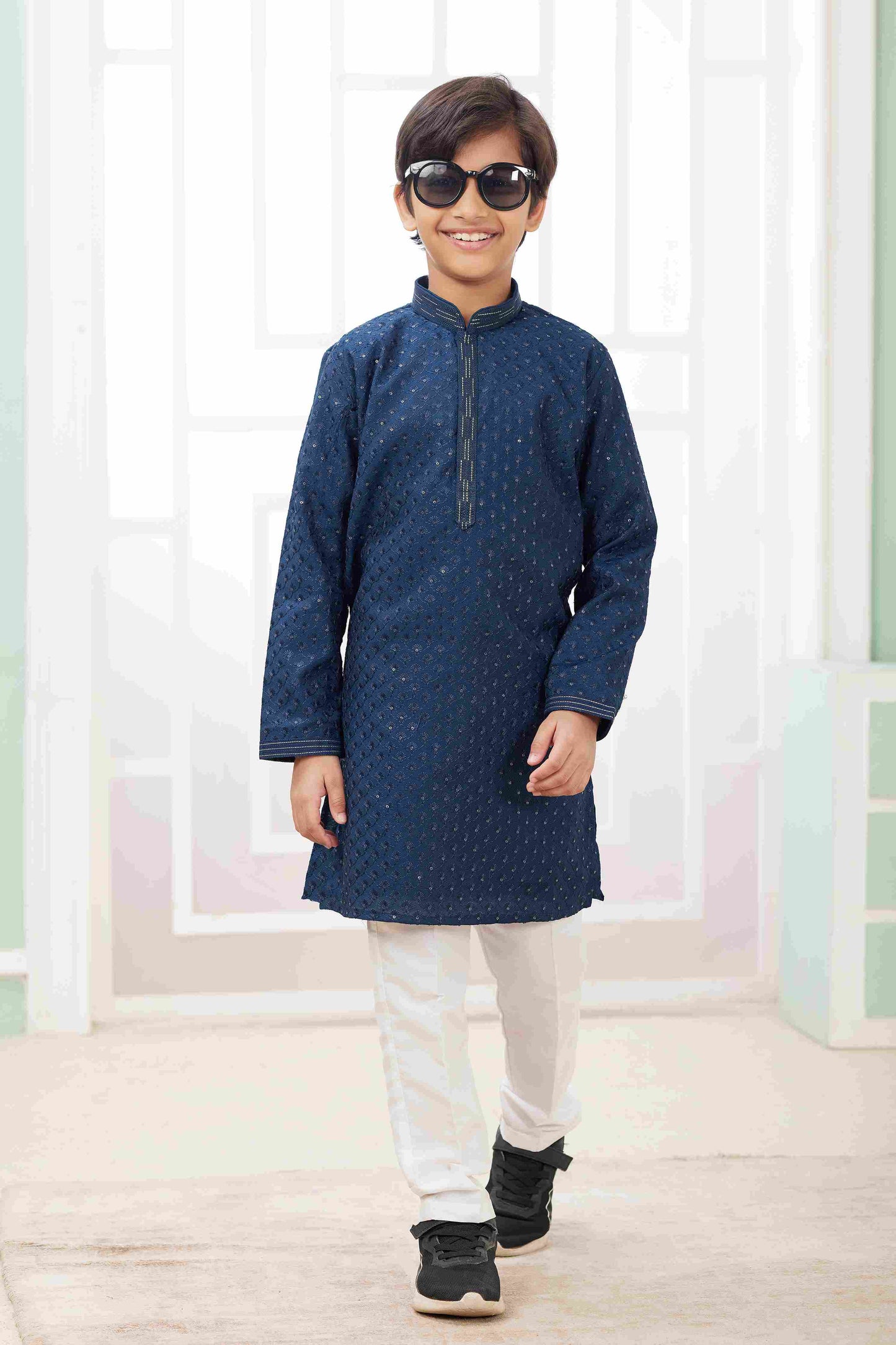 Raivat Ethnic Art Silk Embroidery Work Kids Kurta Pajama In Teal Blue Colour