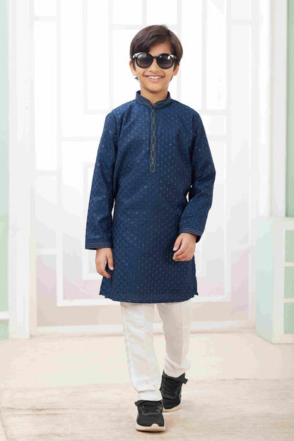 Raivat Ethnic Art Silk Embroidery Work Kids Kurta Pajama In Teal Blue Colour