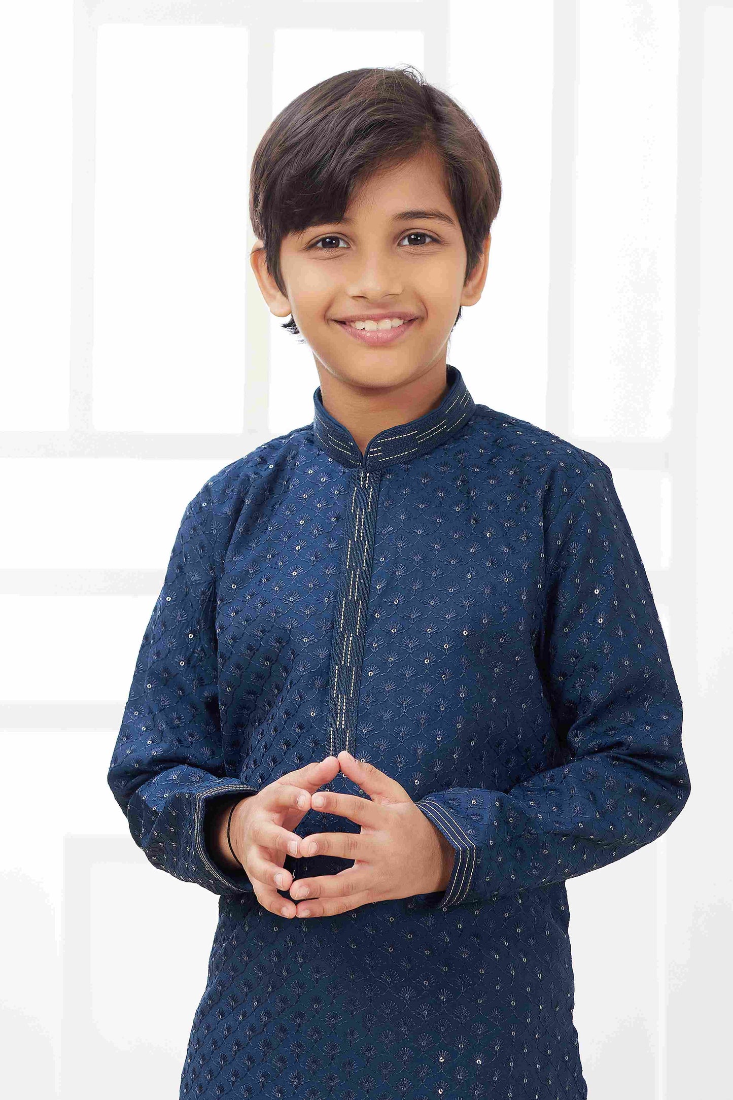 Raivat Ethnic Art Silk Embroidery Work Kids Kurta Pajama In Teal Blue Colour