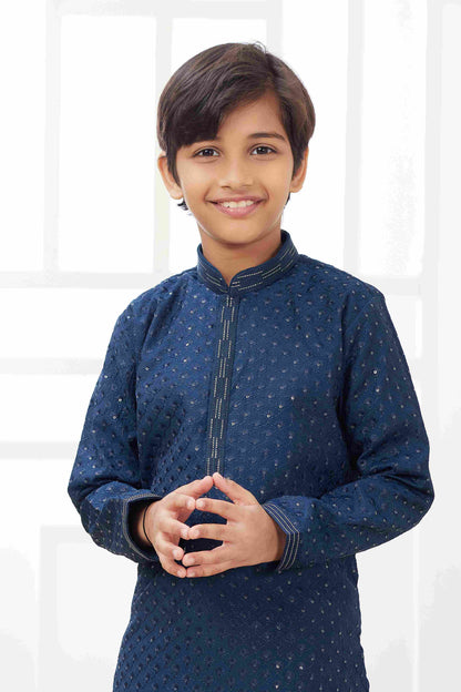 Raivat Ethnic Art Silk Embroidery Work Kids Kurta Pajama In Teal Blue Colour
