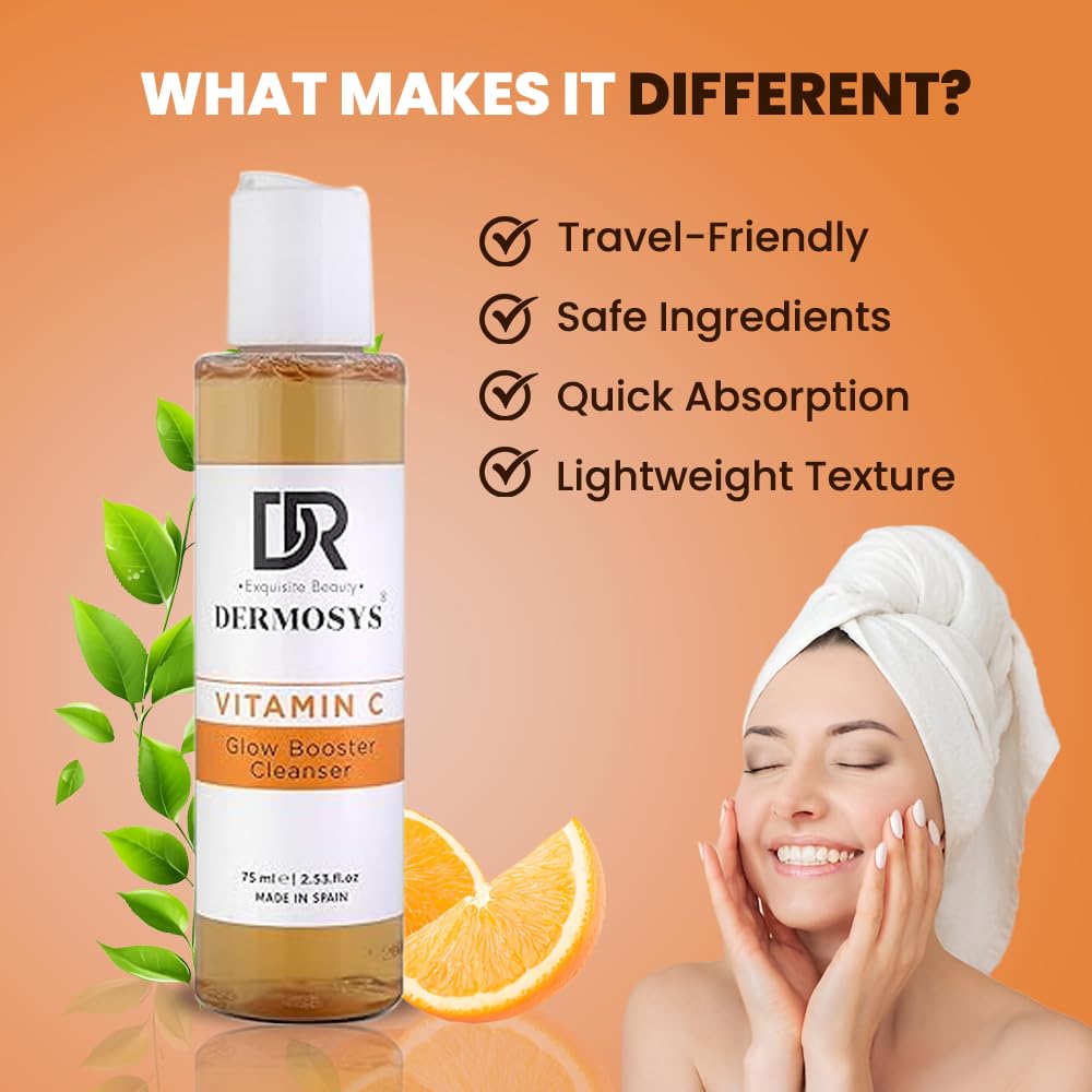 Dermosys Vitamin C Face Wash for Women & Men | Brightening & Oil Control | Glowing Skin Vit C Cleanser for Oily Skin | With AHA | Sulphate & Paraben Free | Daily Use - 75ml