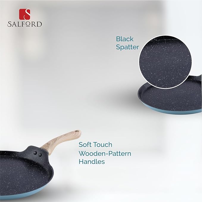 Salford by Ucook Forged Non-stick Tawa With Soft Touch Wooden Handle, Induction & Gas Ready | Black Spatter Dusty Blue | 280mm