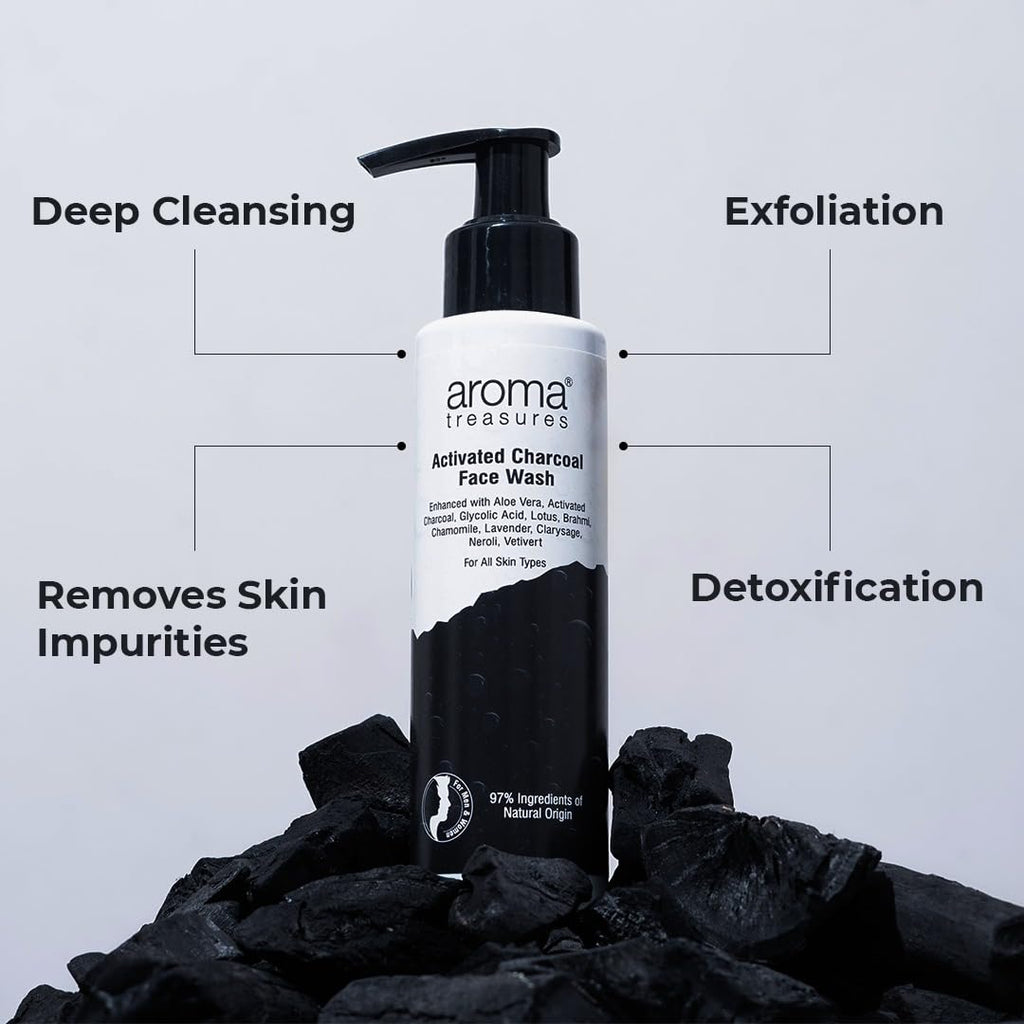 Aroma Treasures Activated Charcoal Face Wash for Men & Women | Deep Cleansing Oil Control Facewash with Aloe Vera & Glycolic Acid for Acne, Bright & Healthy Skin – 100ml