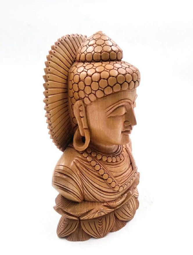 Shri Handicrafts 6" Inch Wood Carving Handmade Meditating Buddha Bust Statue Good Luck Hindu God Figurine for Home Temple | Brown