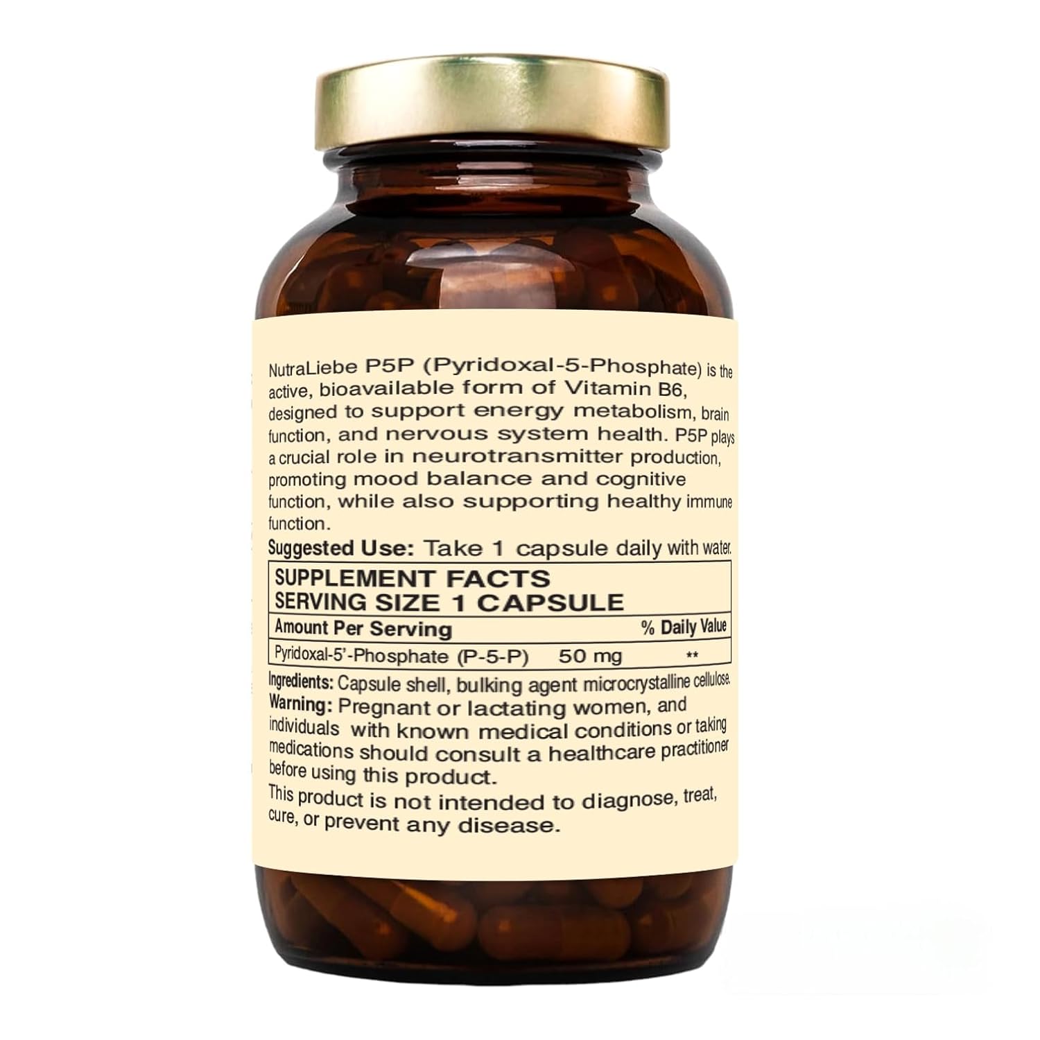 Nutraliebe P5P (Pyridoxal 5â€™- Phosphate) â€“ Active Vitamin B6 for Energy, Brain Function, and Nervous System Support â€“ 90 Capsules