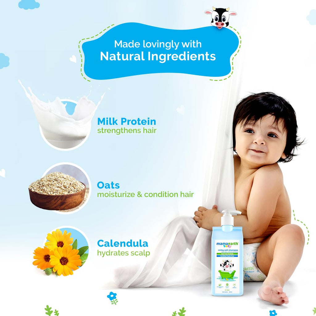 Mamaearth Milky Soft Shampoo For Babies - 400 ml | Infused with Oats, Milk and Calendula | Gently Cleanses Hair, Balances Scalp pH & Makes Hair Soft & Smooth