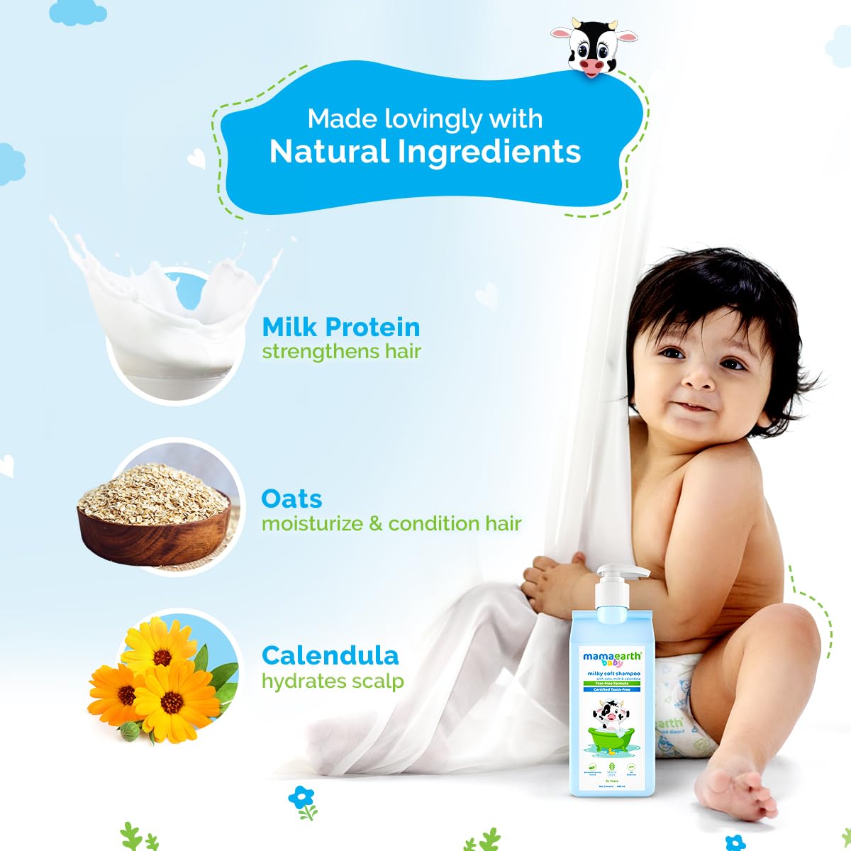 Mamaearth Milky Soft Shampoo For Babies - 400 ml | Infused with Oats, Milk and Calendula | Gently Cleanses Hair, Balances Scalp pH & Makes Hair Soft & Smooth