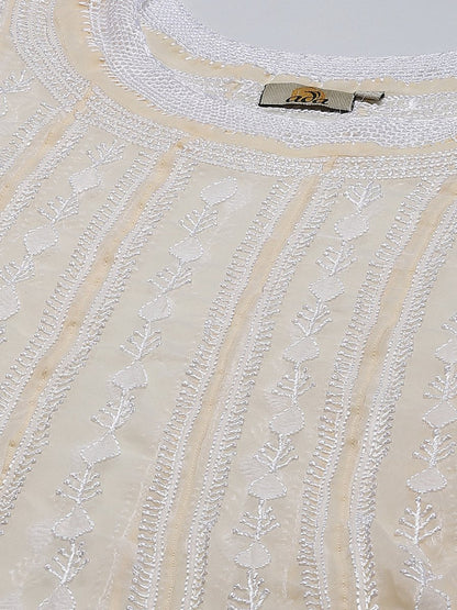 ADA Women Beige Ethnic Motifs Plus Size Chikankari Georgette Anarkali Kurta
