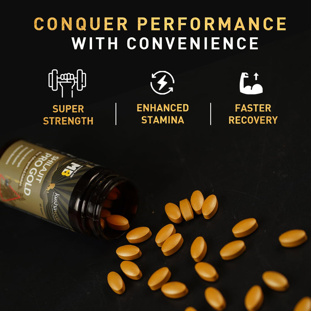 MuscleBlaze Koshaveda Shilajit Pro Gold by (60 Tablets) | Fortified with 24 Carat Gold, Shilajit, Ashwagandha & Gokshura | For Strength, Stamina & Recovery