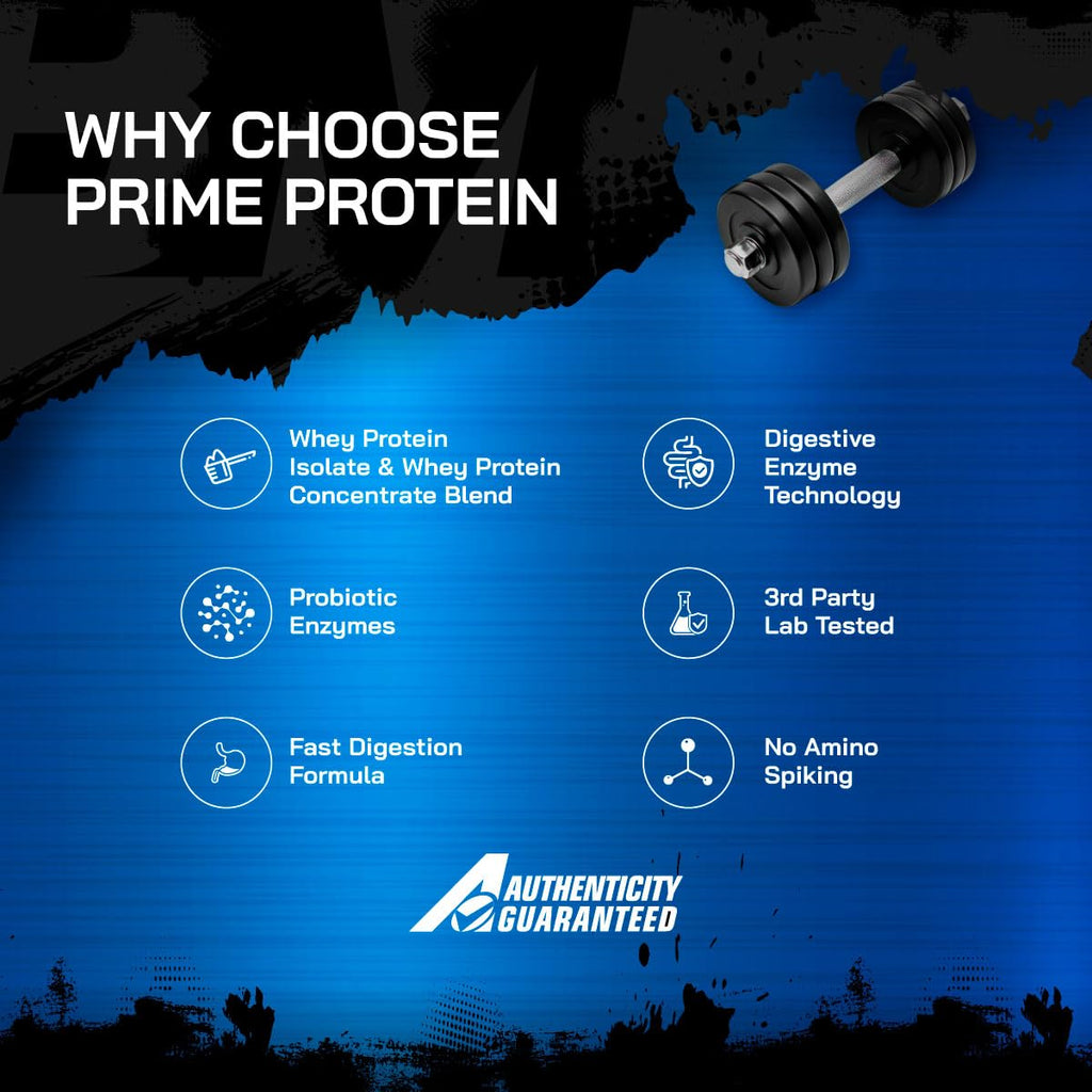 Bigmuscles Nutrition Prime Protein [1kg] | Whey Protein Isolate & Concentrate | With Digestive Enzymes, Probiotic Enzymes | 24g Protein, 10g EAA [Rich Chocolate]