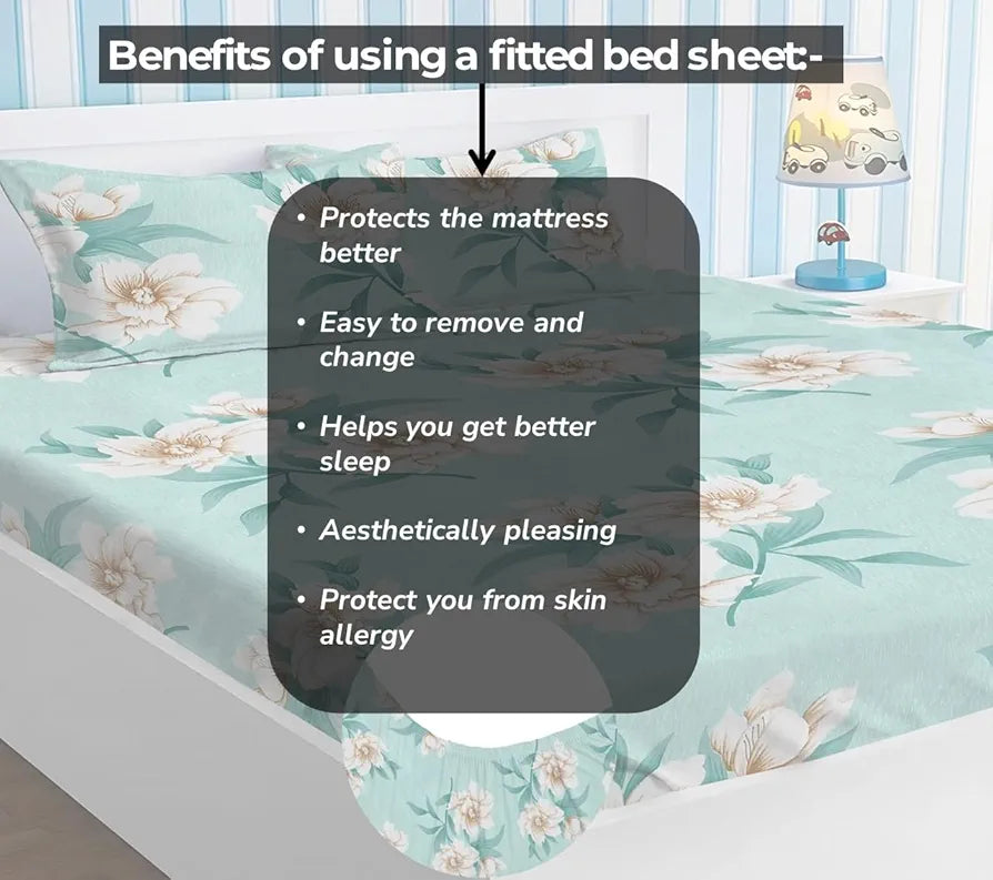 Homekart Premium Cotton Elastic Fitted Bedsheets with 2 King Size Pillow Covers Double Bed Flower Print Light Green 200 tc - 220 tc