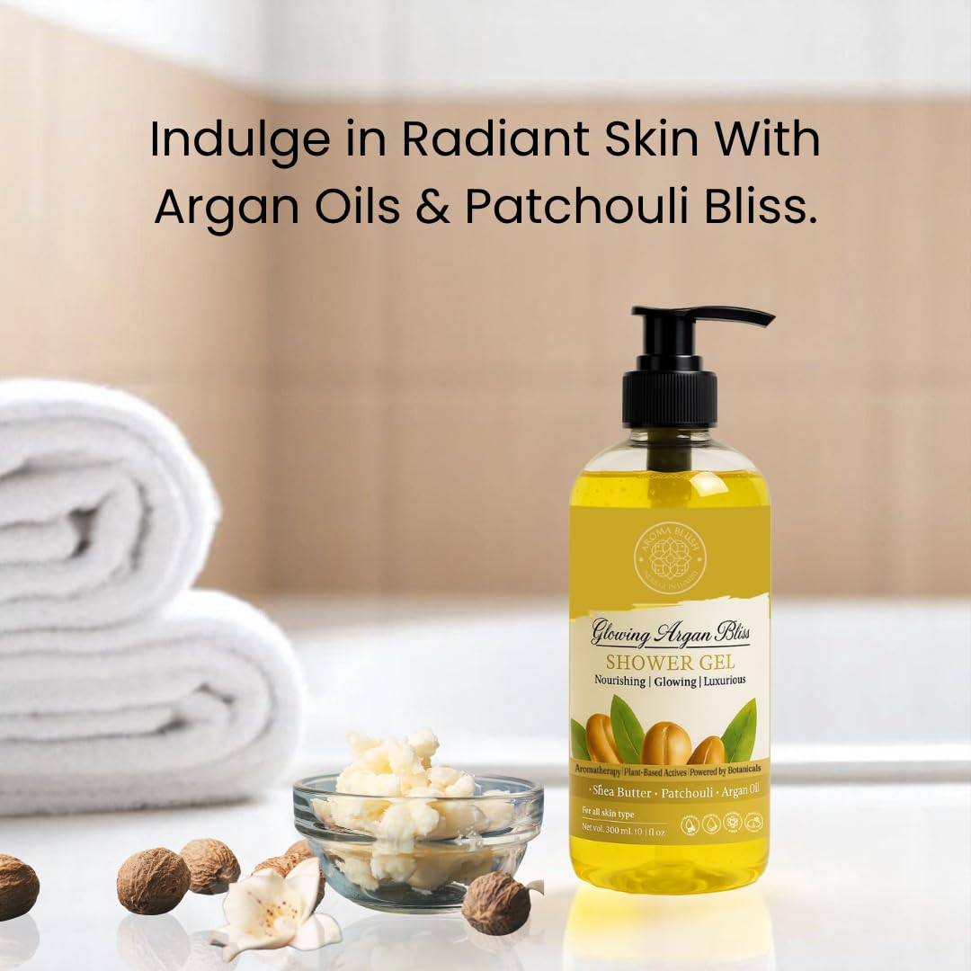 Aromablush - Glowing Argan Bliss Shower Gel | Shea Butter, Argan Oil, Patchouli, Vitamin E | Deep Moisturizing, Anti-Aging | Sulfate-Free, Paraben-Free | Rich Lather, Earthy Fragrance | 300ml