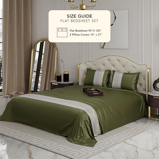Stoa Paris Bedsheets For Double Size Bed, Satin 300 Threadcount Bedsheet Set Colour Palace Gardens-Olive