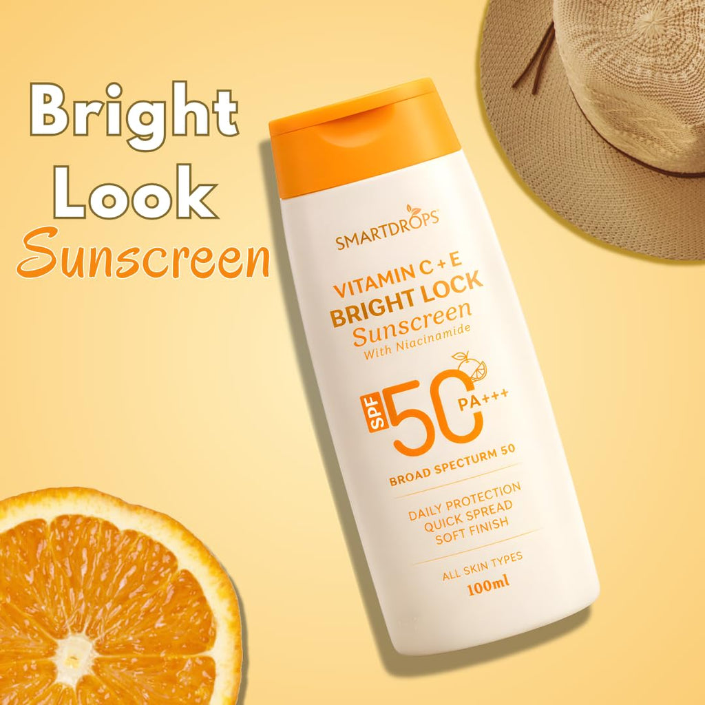 Smartdrops Vitamin C + E Sunscreen SPF 50 PA+++ With Niacinamide Daily Use Face & Body Sun Protection Lotion Soft Finish Quick Spread Formula For All Skin Types 100ml (Pack-1)