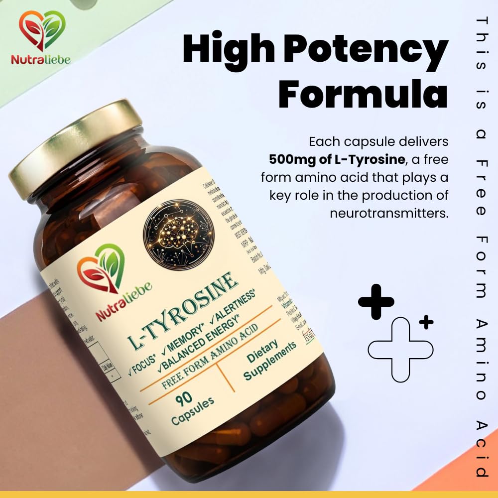 Nutraliebe L-Tyrosine 500mg - Free Form Amino Acid, Non-GMO, 90 Capsules