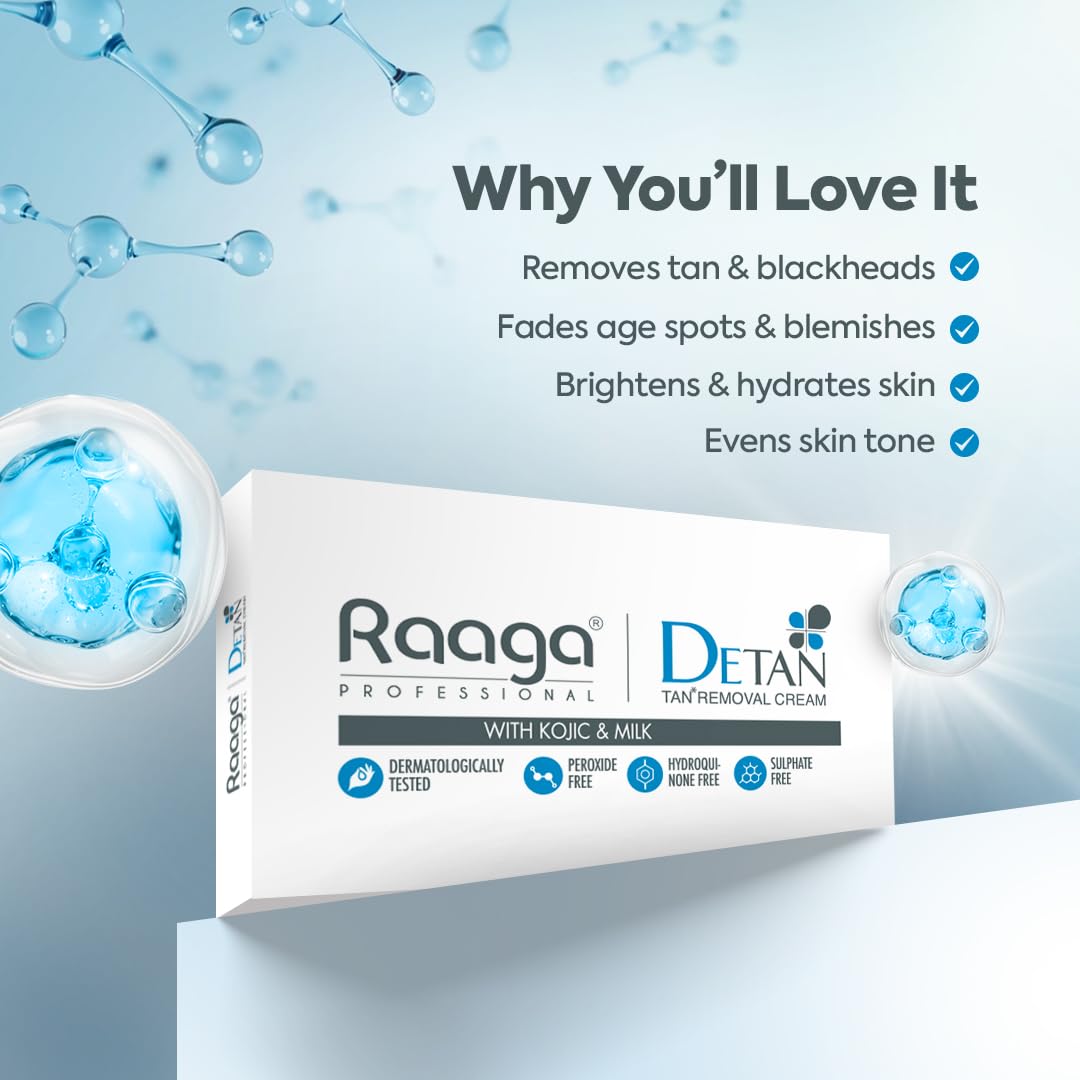 Raaga Professional DeTan Tan Removal Cream | Kojic & Milk | Reduces Tan, Dark Spots & Dullness | Dermatologically Tested, Peroxide & Sulphate Free - 72 g (12 g Ã— 6)