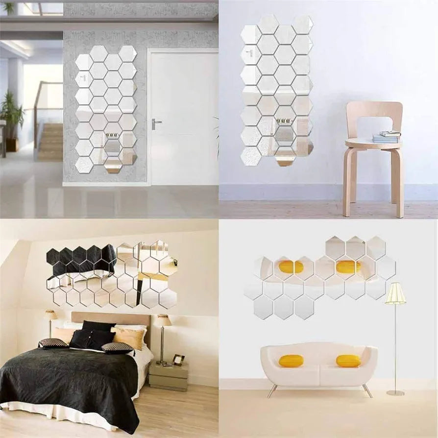 Bikri Kendra Hexagon 13 Silver Mirror Stickers for Wall Acrylic Mirror Wall Decor Sticker Acrylic Stickers Wall Stickers