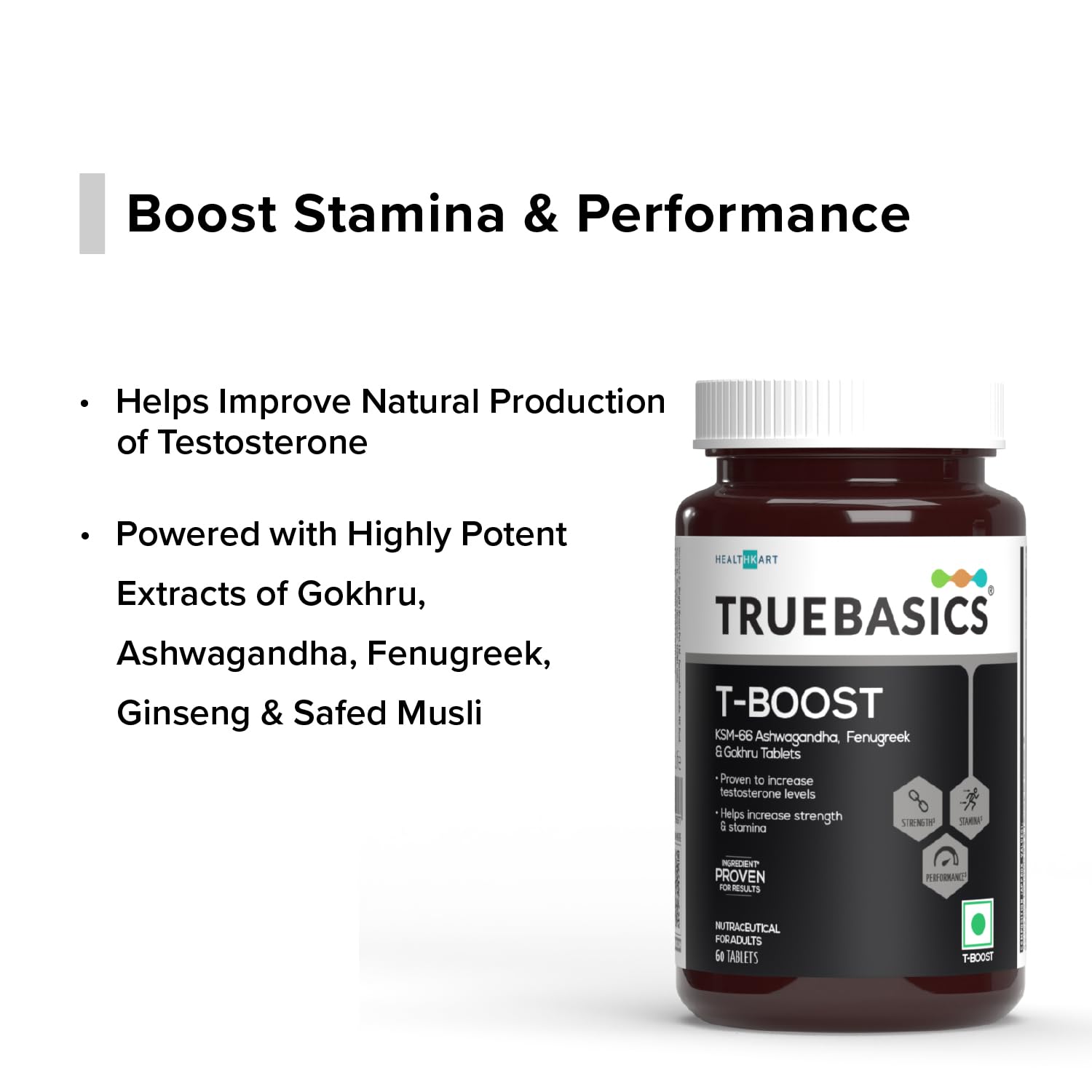 TrueBasics T-Boost, Testosterone Supplement for Men (60 Tablets) | With KSM 66 Ashwagandha, Safed Musli, Gokshura, & Ginseng | For Energy, Stamina & Muscle Strength